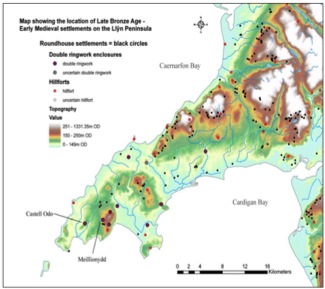 Map of the Llyn Peninsula, showing location of other sites and later prehistoric Hillforts and Settlements: Waddington & Karl 2010, 5