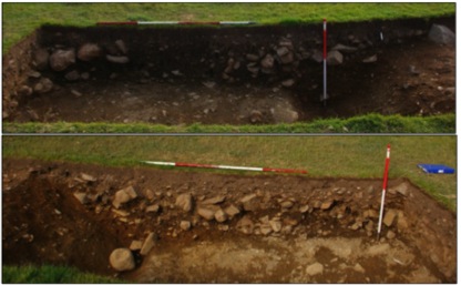  Top: Shot of the south-facing section through the north side of Trench – northwest end. Bottom: shot from the north facing section through the south side of trench 1. Both section show the sequence of rubble fills within the quarry hollows/scoops or possible ditched at the south-eastern end of trench 1[Waddington & Karl 2010, 10]